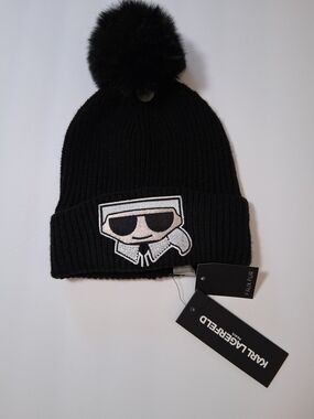 Karl Lagerfeld Black Pom Pom Beanie with Logo Patch